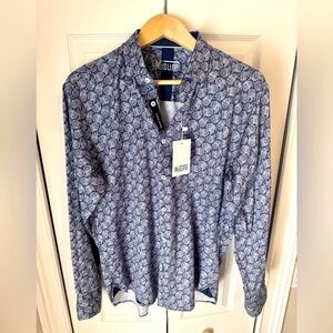 Misura Men’s Thin Stretch Navy Button Up Dress Shirt Paisley Preppy Cotton NEW L